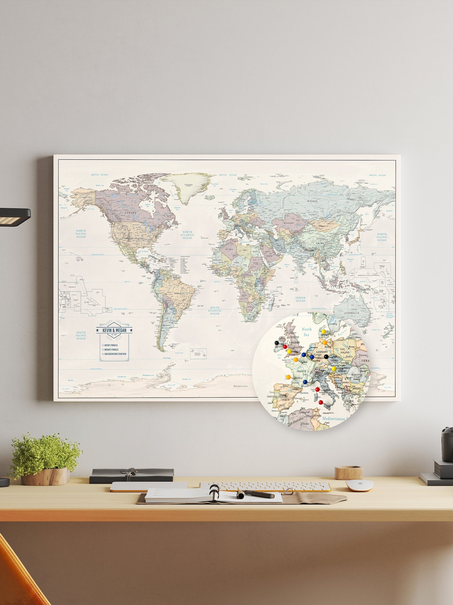 Muted Tones Push Pin Travel Map with Pins (Not Personalized)