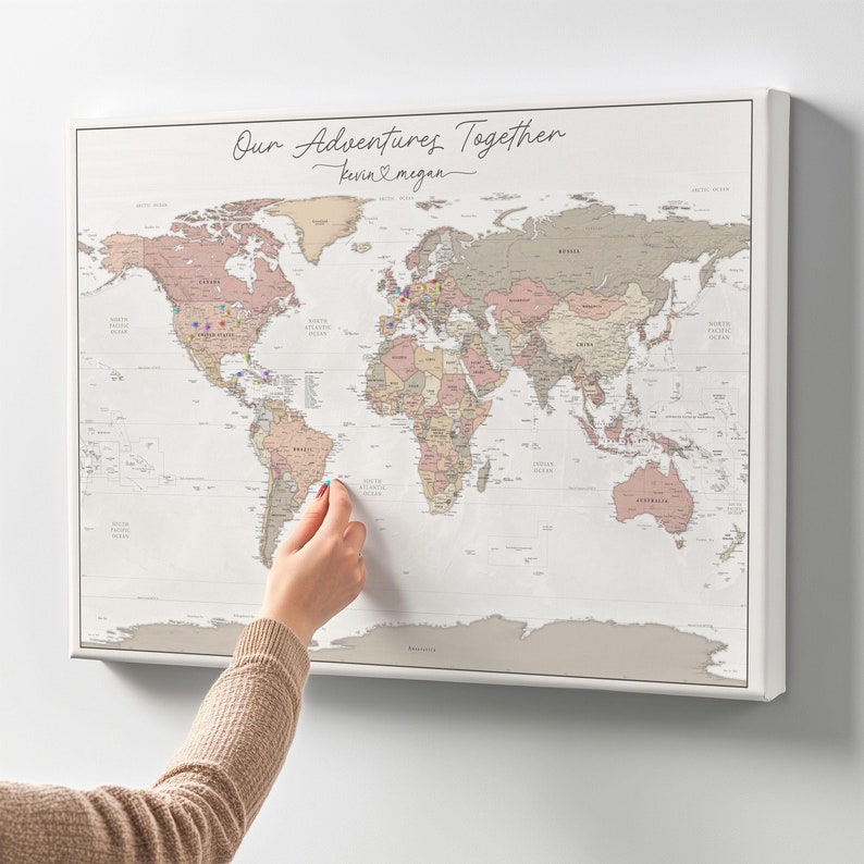 Personalized World Map with Push Pins | Custom Heartstrings Map | Couple's Gift for Travelers