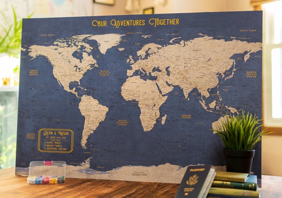 Mappa del mondo grande con puntina da disegno stile Executive 24x36 o 24x16  / bacheca personalizzata montata su pannello in schiuma da 3/16 / stampa  mappa moderna / mappa di viaggio -  Italia