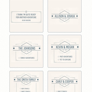 May include: A graphic design template for a family or couple's travel logo. The design features a hexagon shape with a sunburst design and text that says "The Johnsons" and "Est. 2019". The text "Family Adventures" is below the hexagon.