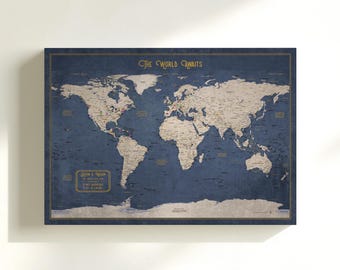 Personalized Push Pin World Map: Blue & Gold Travel Decor