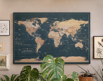 Slated Earth Blue & Gold World Push Pin Map on Premium Canvas - Custom Travel Pinboard with Personalized Legend, Pinnable World Map