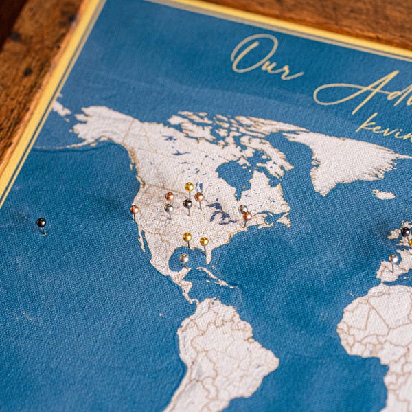Personalized Push Pin World Map, 2nd Cotton Anniversary Gift For Husband, Travel Tracker Canvas