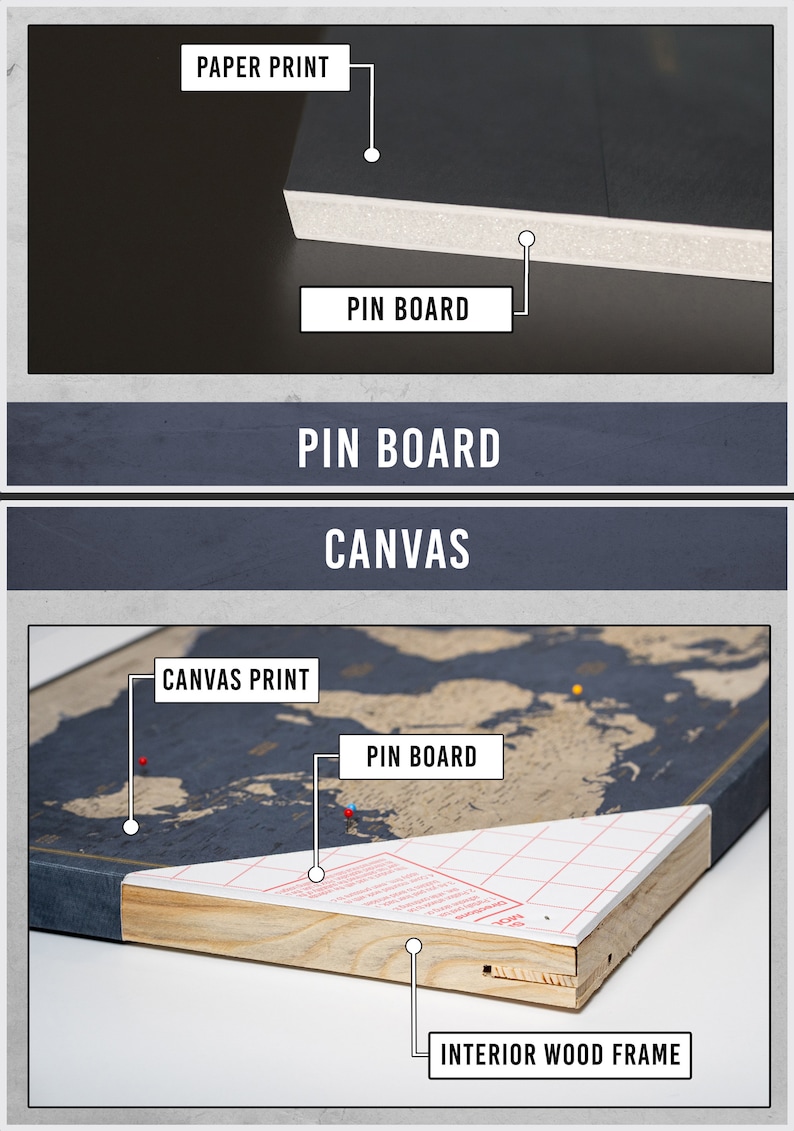 Large World Map Push Pin Executive Style 24x36 or 24x16 Customized Pin Board Mounted on 3/16 Foam Board Modern Map Print Travel Map image 5