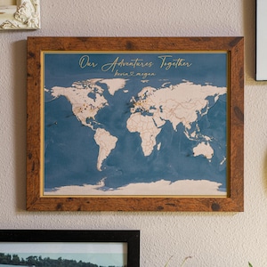 World Map Push Pin – Cotton Anniversary Gift – Blue & Gold Executive Travel Map – Framed Canvas – 11x14 or 16x20 Personalized