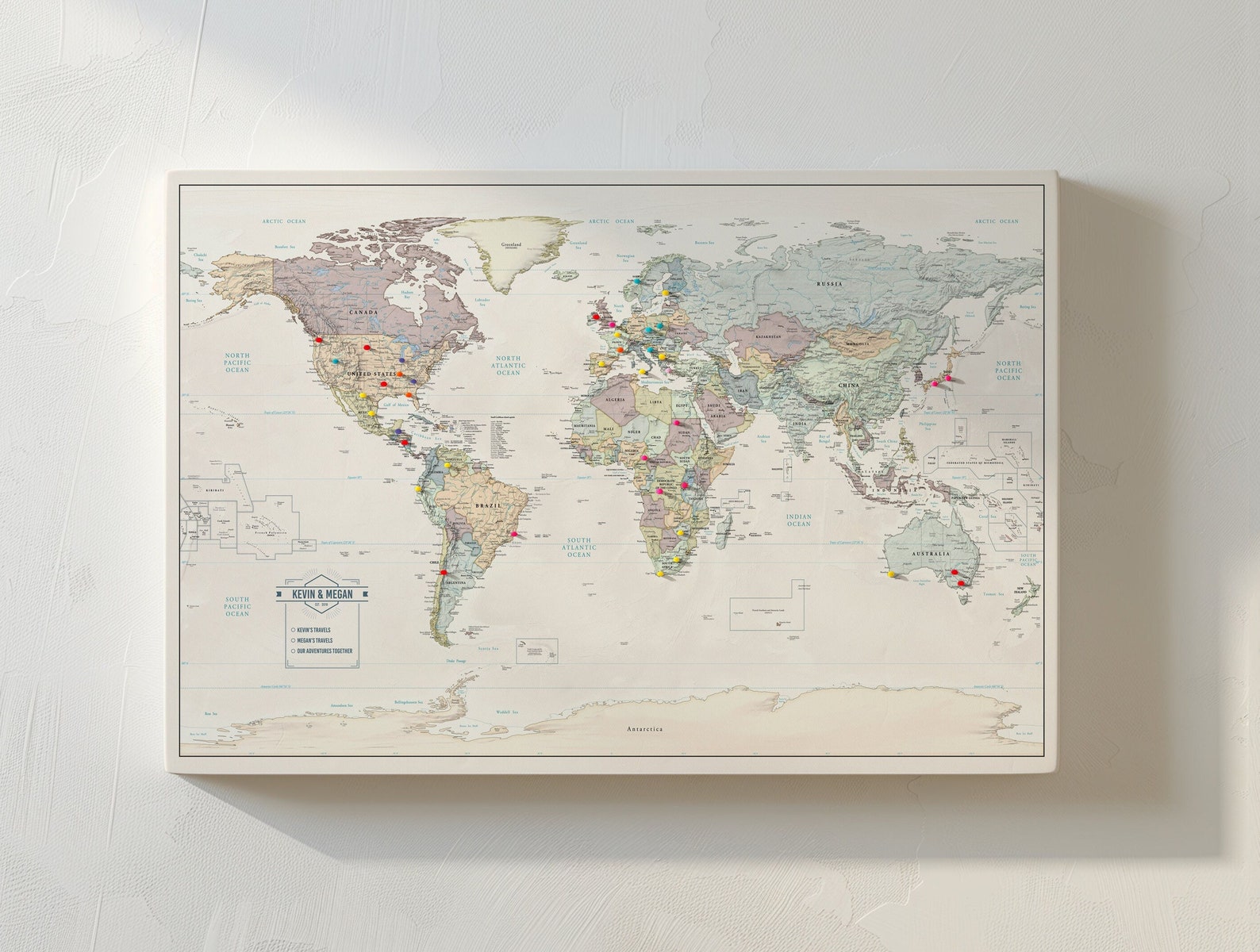 Muted Tones Push Pin Travel Map with Pins - 24x36" or 24x16" Travel Map Canvas Pin Board - Pin Board 24x36", Not Personalized