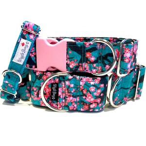 Cherry Blossom Dog Collar - Cute Martingale Dog Collar - Strong Clip Collar - Dog Leash