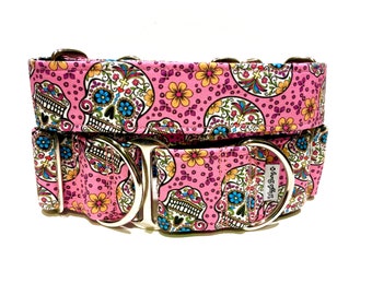 Crazy Sugar Skulls Pink Dog Collar - Martingale Dog Collar - Clip Collar - Dog Leash - Training Collar