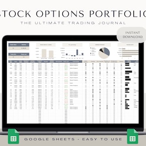 Peut inclure: Un &eacute;cran d'ordinateur portable affichant une feuille de calcul Google Sheets avec un suivi de portefeuille d'options boursi&egrave;res. La feuille de calcul comprend des colonnes pour la date de transaction, le symbole boursier, le nom de l'action, le type de transaction, le prix d'entr&eacute;e, le prix de sortie, le profit/perte et la strat&eacute;gie de transaction. La feuille de calcul comprend &eacute;galement des graphiques et des diagrammes pour visualiser les performances de trading.