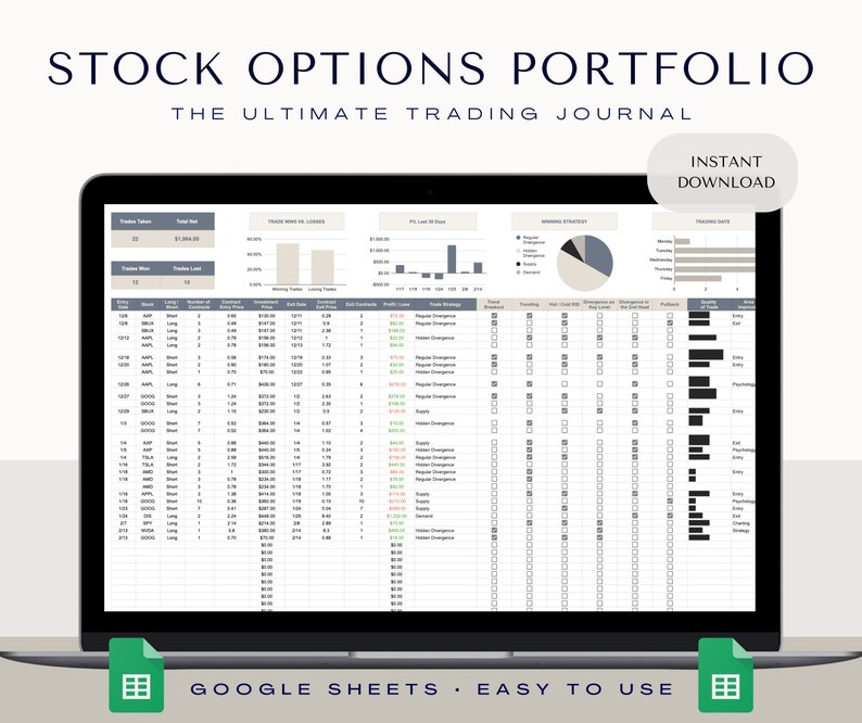 Peut inclure: Un &eacute;cran d'ordinateur portable affichant une feuille de calcul Google Sheets avec un suivi de portefeuille d'options boursi&egrave;res. La feuille de calcul comprend des colonnes pour la date de transaction, le symbole boursier, le nom de l'action, le type de transaction, le prix d'entr&eacute;e, le prix de sortie, le profit/perte et la strat&eacute;gie de transaction. La feuille de calcul comprend &eacute;galement des graphiques et des diagrammes pour visualiser les performances de trading.