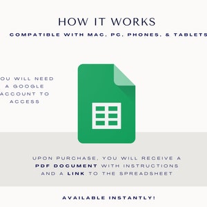 Peut inclure: Ic&ocirc;ne verte Google Sheets avec une grille blanche. Le texte indique : "HOW IT WORKS", "COMPATIBLE WITH MAC, PC, PHONES, & TABLETS", "YOU WILL NEED A GOOGLE ACCOUNT TO ACCESS", "UPON PURCHASE, YOU WILL RECEIVE A PDF DOCUMENT WITH INSTRUCTIONS AND A LINK TO THE SPREADSHEET", "AVAILABLE INSTANTLY!"