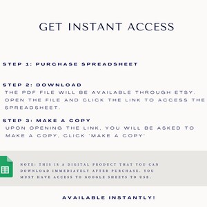 Peut inclure: Une liste de produits num&eacute;riques avec des instructions sur la fa&ccedil;on d'acheter, de t&eacute;l&eacute;charger et d'acc&eacute;der &agrave; une feuille de calcul. Le texte indique "Obtenir un acc&egrave;s instantan&eacute;" et comprend les &eacute;tapes 1, 2 et 3. L'image comprend &eacute;galement une note indiquant qu'il s'agit d'un produit num&eacute;rique qui peut &ecirc;tre t&eacute;l&eacute;charg&eacute; imm&eacute;diatement apr&egrave;s l'achat. L'utilisateur doit avoir acc&egrave;s &agrave; Google Sheets pour utiliser le produit.