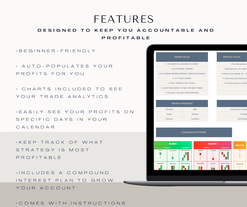 Peut inclure: Un &eacute;cran d'ordinateur portable affichant une feuille de calcul avec des r&egrave;gles de trading, des strat&eacute;gies et des mod&egrave;les de chandeliers. Le texte &agrave; l'&eacute;cran comprend "R&egrave;gles de trading", "R&egrave;gles de strat&eacute;gie", "Strat&eacute;gies de trading" et "Mod&egrave;les de chandeliers". La feuille de calcul est organis&eacute;e en colonnes et en lignes avec des en-t&ecirc;tes et des donn&eacute;es. L'ordinateur portable est sur un fond blanc.