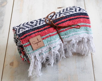 Teal Pink Salmon Colorful Handmade Mexican Blanket Throw Beach Camping Yoga Serape Saltillo Southwest Decor