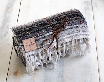 Grey Black White Handmade Mexican Blanket Throw Beach Camping Yoga Serape Saltillo Southwest Decor