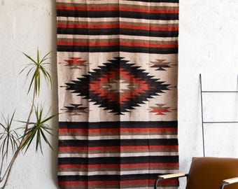 Brown Tan Burnt Orange Diamond Pattern Handmade Mexican Blanket Throw Beach Camping Yoga Serape Saltillo Southwest Decor