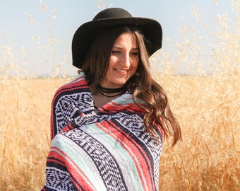 Teal Orange Colorful Handmade Mexican Blanket Throw Beach Camping Yoga Serape Saltillo Southwest Decor