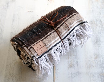 Mexican Blanket Tan Brown Boho Beach Camping Southwestern  Falsa Serape  Saltillo Southwest  Falsa Throw