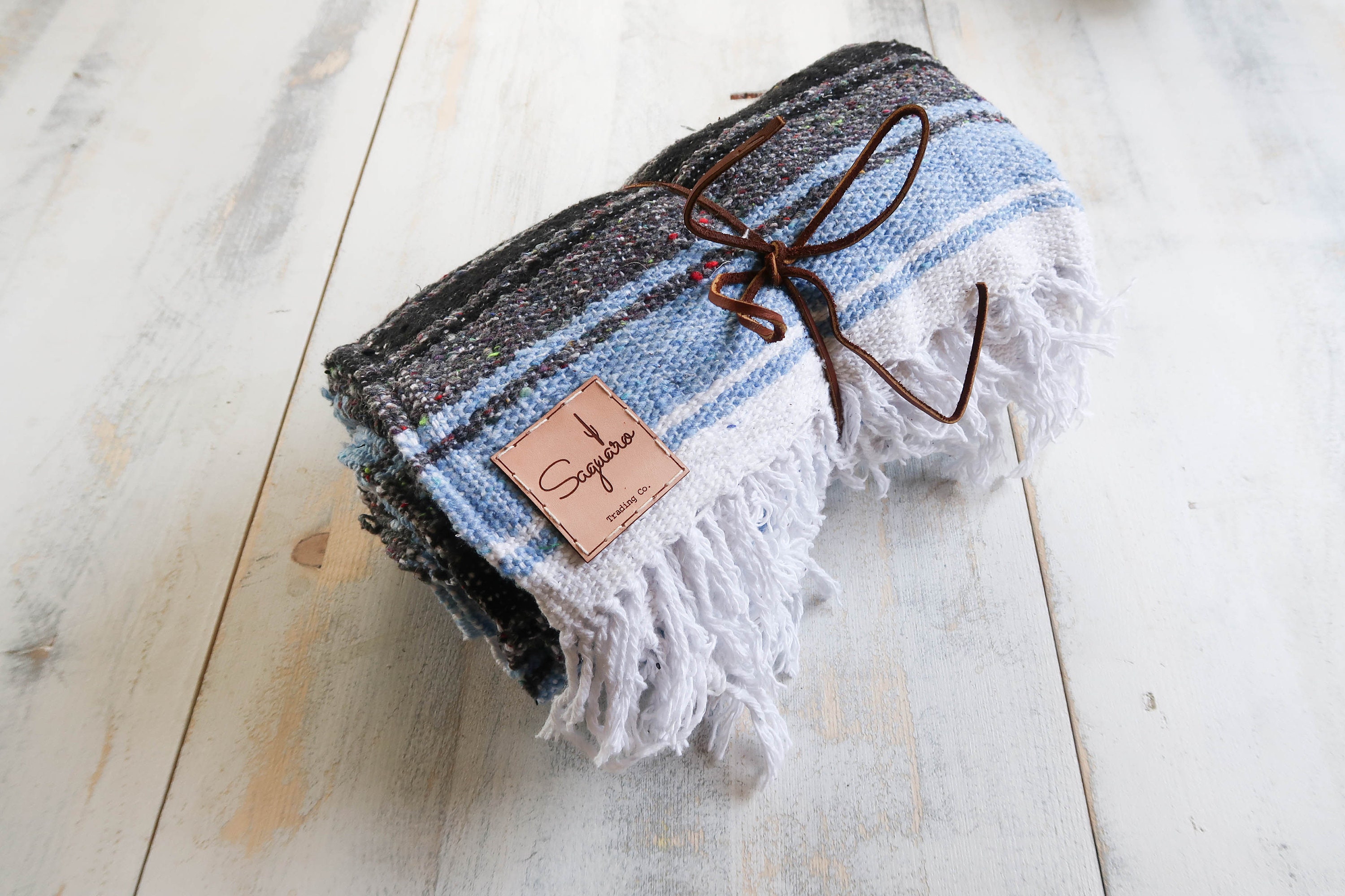 thumbnail image 2 of Blue And Mint Mexican Blanket Serape Throw – Handmade Boho Falsa Blanket From Mexico 2 of 6
