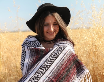 Burgundy Red Soft Handmade Mexican Blanket Throw Beach Camping Yoga Serape Saltillo Southwest Decor