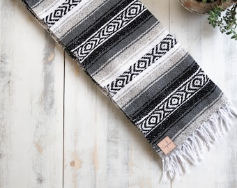 Grey Black White Striped Pattern Handmade Mexican Blanket Throw Beach Camping Yoga Serape Saltillo Southwest Decor