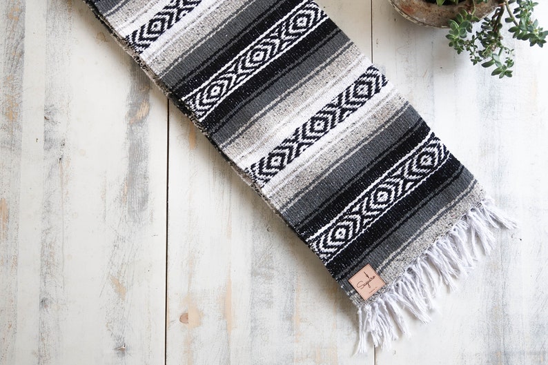 Handmade Mexican Black Grey White Blanket Boho Decor Yoga Etsy