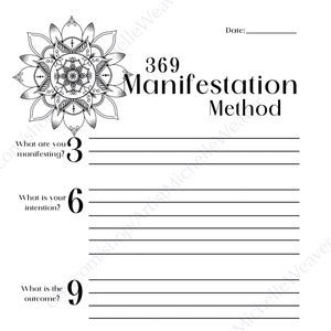369 Manifestation Method Worksheet | Printable | Instant Download