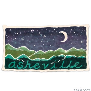 May include: A watercolor painting of a night sky with a crescent moon and stars over a mountain range. The text "asheville" is written in green at the bottom of the image.