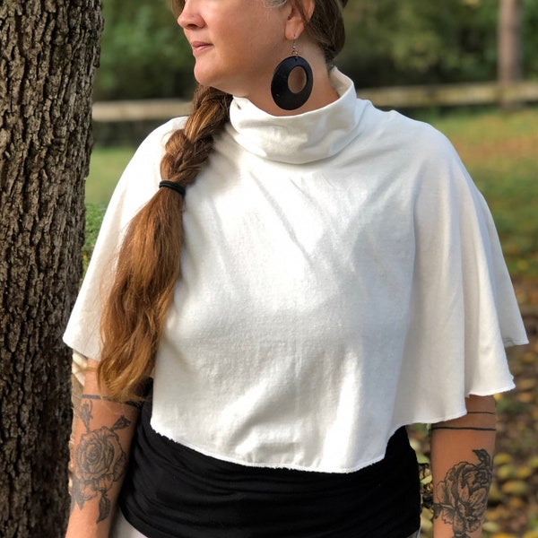 Made to Order - Hemp & Organic Cotton short capelet | cowl hood or turtleneck cape | sustainable ritual clothing by waxonstudio