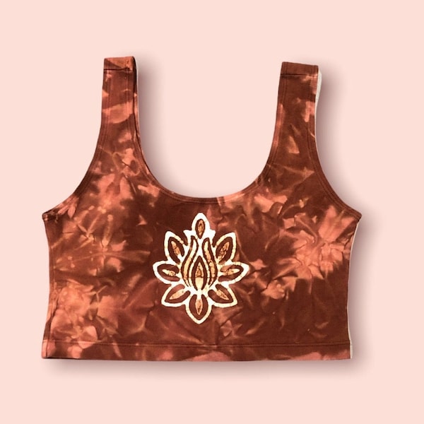 Made to Order Lotus batik scoop neck crop top | your choice of custom color | stretch comfy bralette belly shirt | hand stamped & hand dyed