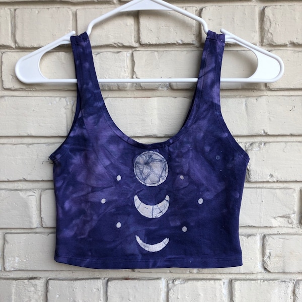 Made to order: Sacred symmetry scoop neck crescent moon batik crop top ~ Hand batiked & dyed in Asheville by waxonstudio