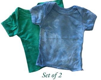 Newborn hand dyed cotton baby t-shirts, made with low-impact dyes and safe for babies! Gender free, neutral. Dyed at WaxonStudio (Asheville)