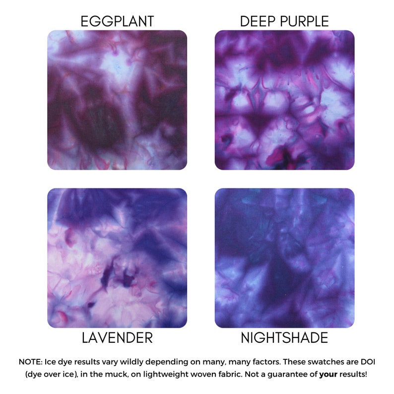 Pode incluir: Quatro amostras de tecido em tons de roxo, mostrando os resultados da tingimento com gelo. As amostras s&atilde;o etiquetadas como "Berinjela", "Roxo escuro", "Lavanda" e "Sombra da noite".  NOTA: Os resultados da tingimento com gelo variam muito dependendo de muitos fatores. Essas amostras s&atilde;o DOI (dye over ice), na lama, em tecido leve tecido. N&atilde;o &eacute; uma garantia dos seus resultados!