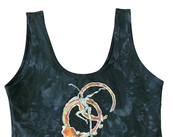 May include: A black and dark gray tie-dye crop top with a scoop neckline and wide shoulder straps. The center of the garment features a graphic illustration of a stylized, skeletal figure in orange, white, and black tones, curled into a circular shape.