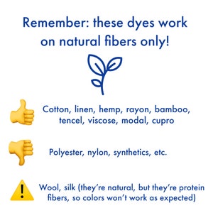 Pode incluir: Um gr&aacute;fico que mostra quais fibras naturais s&atilde;o compat&iacute;veis com os corantes para tecidos. O gr&aacute;fico inclui um polegar para cima para algod&atilde;o, linho, c&acirc;nhamo, rayon, bambu, tencel, viscose, modal e cupro. Um polegar para baixo para poli&eacute;ster, nylon, sint&eacute;ticos, etc. Um sinal de aviso para l&atilde; e seda, que s&atilde;o naturais, mas fibras proteicas, por isso as cores n&atilde;o funcionar&atilde;o como esperado.