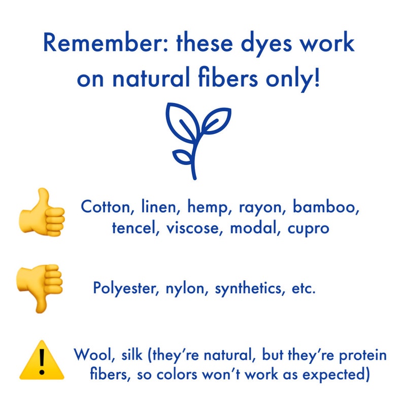 Pode incluir: Um gr&aacute;fico que mostra quais fibras naturais s&atilde;o compat&iacute;veis com os corantes para tecidos. O gr&aacute;fico inclui um polegar para cima para algod&atilde;o, linho, c&acirc;nhamo, rayon, bambu, tencel, viscose, modal e cupro. Um polegar para baixo para poli&eacute;ster, nylon, sint&eacute;ticos, etc. Um sinal de aviso para l&atilde; e seda, que s&atilde;o naturais, mas fibras proteicas, por isso as cores n&atilde;o funcionar&atilde;o como esperado.