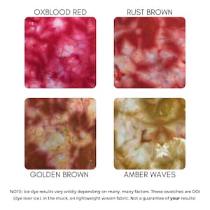 May include: Four fabric swatches showing different ice dye colors: oxblood red, rust brown, golden brown, and amber waves.  NOTE: Ice dye results vary wildly depending on many, many factors. These swatches are DOI (dye over ice), in the muck, on lightweight woven fabric. Not a guarantee of your results!