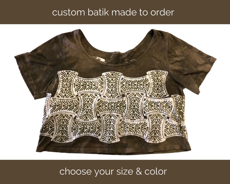 Made to Order batik basketweave design cropped short sleeve soft cotton tee, hand dyed & printed with beeswax by waxonstudio in Asheville image 1