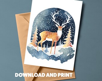 Carte de Noël de renne du pays des merveilles d’hiver - Salutation de scène de vacances enneigée - Téléchargement numérique instantané imprimable - 5x7