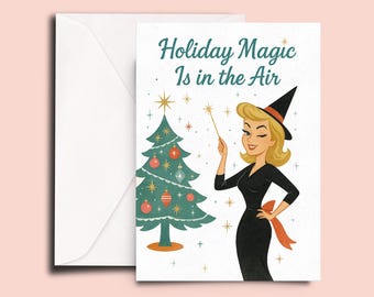 Retro Holiday Witch Christmas Card – Midcentury Tree Greeting