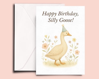 Happy Birthday Silly Goose Card – Cute Goose Birthday Card, Whimsical Animal Birthday Card, Pastel Vintage Style