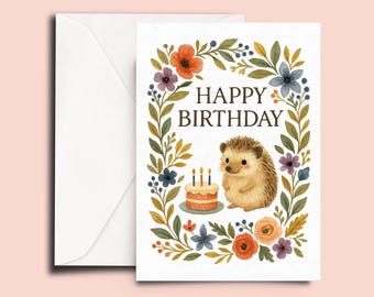 Hedgehog Birthday Card – Cute Woodland Animal Greeting Card with Cake & Flowers, Forest Birthday Card, Nature-Inspired Animal Card