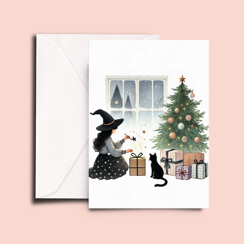 May include: A greeting card featuring a watercolor illustration of a person in a witch hat and star-patterned skirt sitting by a decorated Christmas tree, a black cat, and wrapped gifts. A window shows a snowy night scene with a star-topped tree.