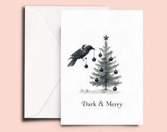 Goth Crow Christmas Card – Dark & Merry Holiday Tree | Gothic Xmas Card with Raven Ornaments | Funny Spooky Christmas Greeting Card