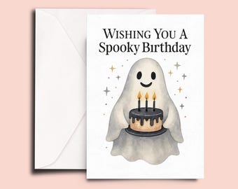 Spooky Birthday Ghost Card – Cute Halloween Birthday Card, Pastel Ghost with Cake, October Birthday Card for Kids, Friends, or Her