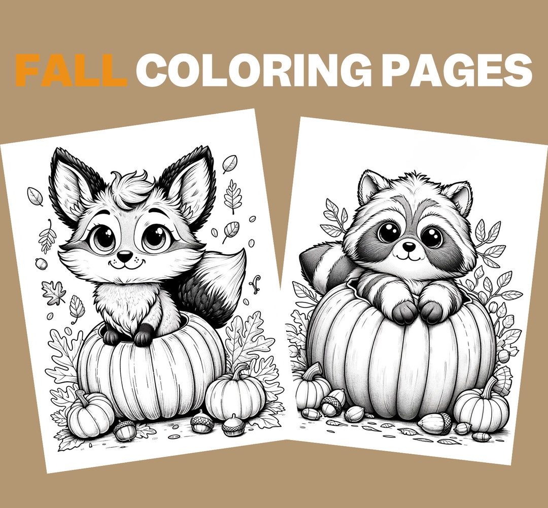 Cute Fall Animal Coloring Pages, Raccoon and Fox, Pumpkins, Autumn