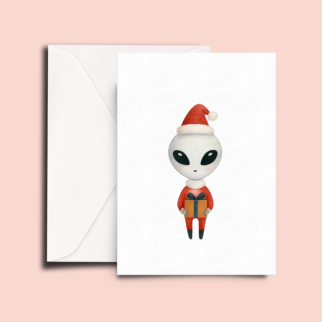 Cute Alien Christmas Card – Kawaii Alien in Santa Suit With Present ...