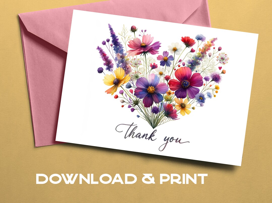 Printable Thank You Card Watercolor Floral Design Instant Digital ...