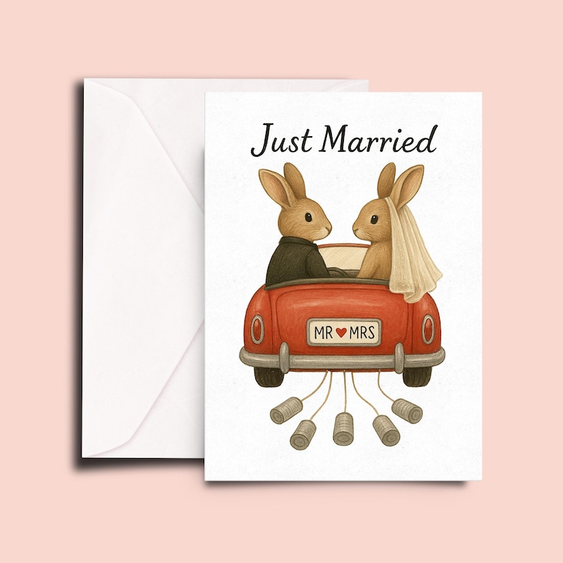 Married Rabbit Just Married Bunny Card, Cute Animal Wedding Card, Mr and Mrs Rabbit ...