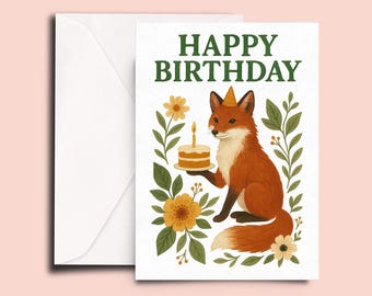 Fox Birthday Card • Woodland Animal Birthday Card • Cute Forest Birthday Greeting • Nature Illustration • Whimsical Fox Card